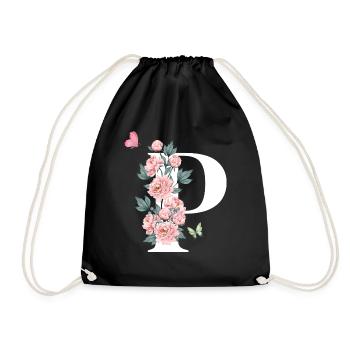 Buchstabe p rosa Blumen - Turnbeutel - Schwarz - Vorne