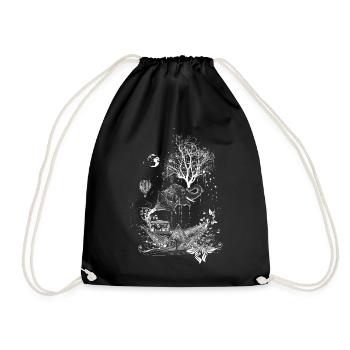 Elefant,Papierschiff und Baum- surreales Design - Turnbeutel - Schwarz - Vorne