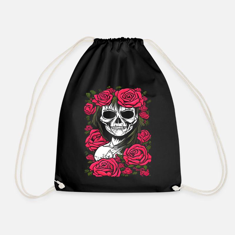 Skull with roses, the Catrina - Drawstring Bag - black