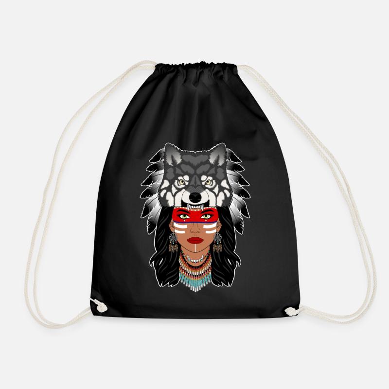Indian Girl, Wolf Head - Drawstring Bag - black
