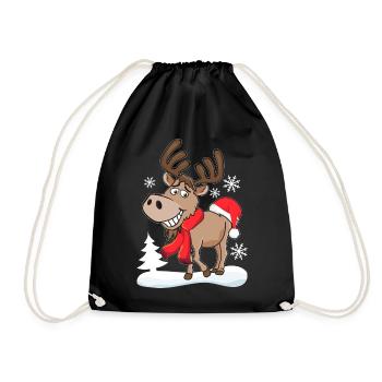 Grinning Cool Reindeer with Santa Hat - Drawstring Bag - black - Front