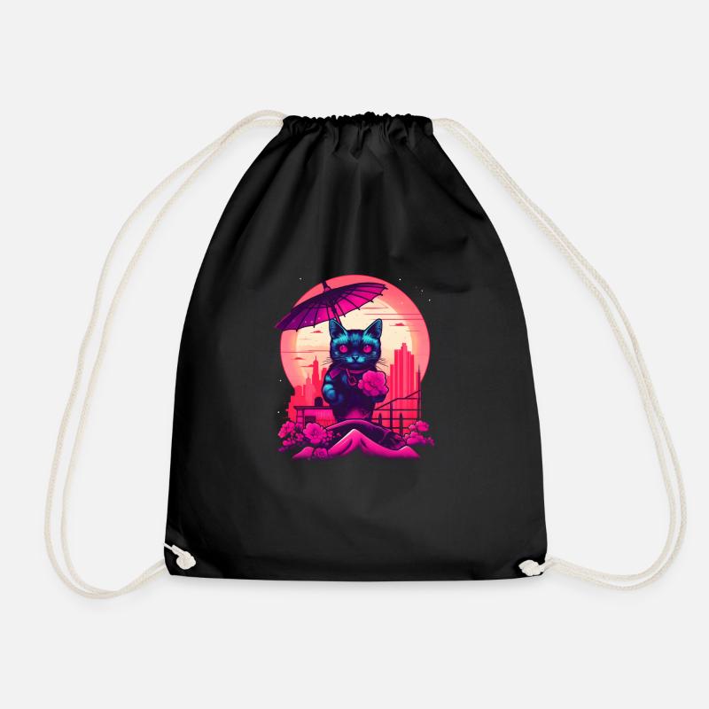 Synthwave japan Cat with umbrella - Drawstring Bag - black