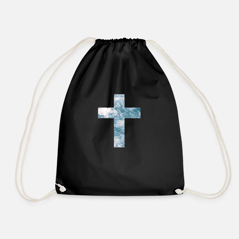 Christian Cross With Sunset - Drawstring Bag - black