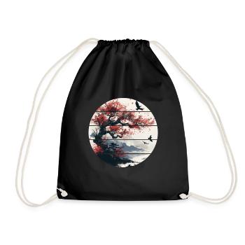 Japan Landschaft Roter Mond Vögel Aesthetic Bonsai - Turnbeutel - Schwarz - Vorne