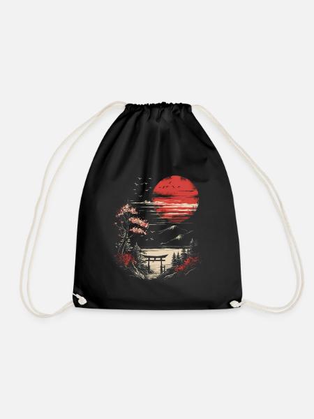 Japan Landscape Red Moon Birds Trees Bonsai - Drawstring Bag - black