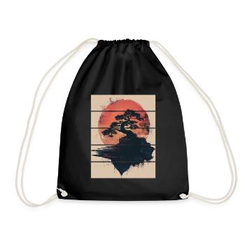 Japan Landscape Bonsai Tree Red Moon Aesthetic - Drawstring Bag - black - Front