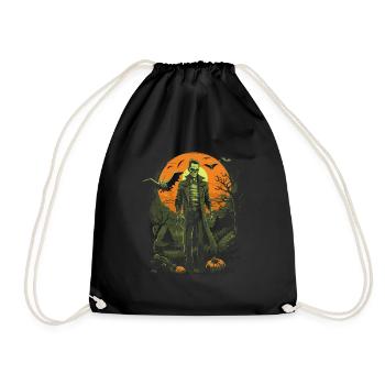 Skeleton zombie with bats in front of moon halloween - Drawstring Bag - black - Front