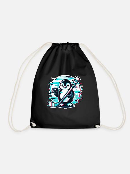 Glitch Pinguin Eishockeyspieler - Digitaler - Turnbeutel - Schwarz