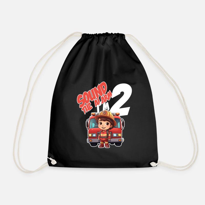 Kids Firefighter 2 Year Old Birthday Boy Theme - Drawstring Bag - black