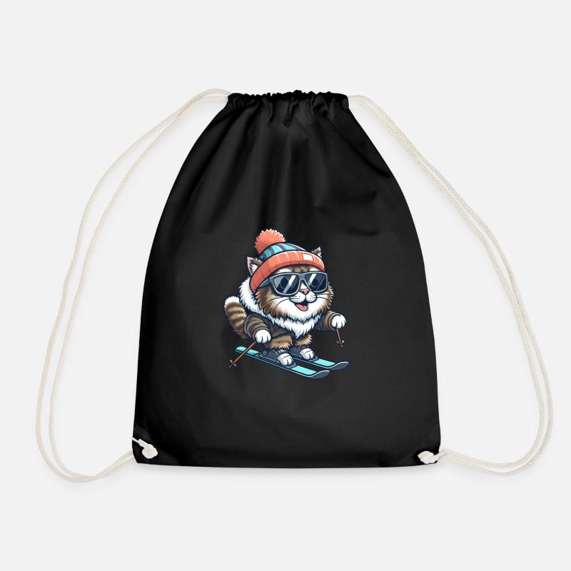 Maine Coon Cat Skiing - Winter Wonders - Drawstring Bag - black