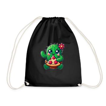 Funny Cactus Loves Pizza Cute Comic - Drawstring Bag - black - Front