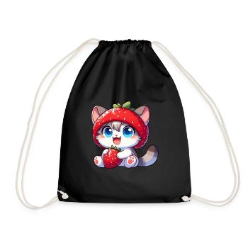 Cute Cat Strawberry Fruit Hat Whimsical - Drawstring Bag - black - Front
