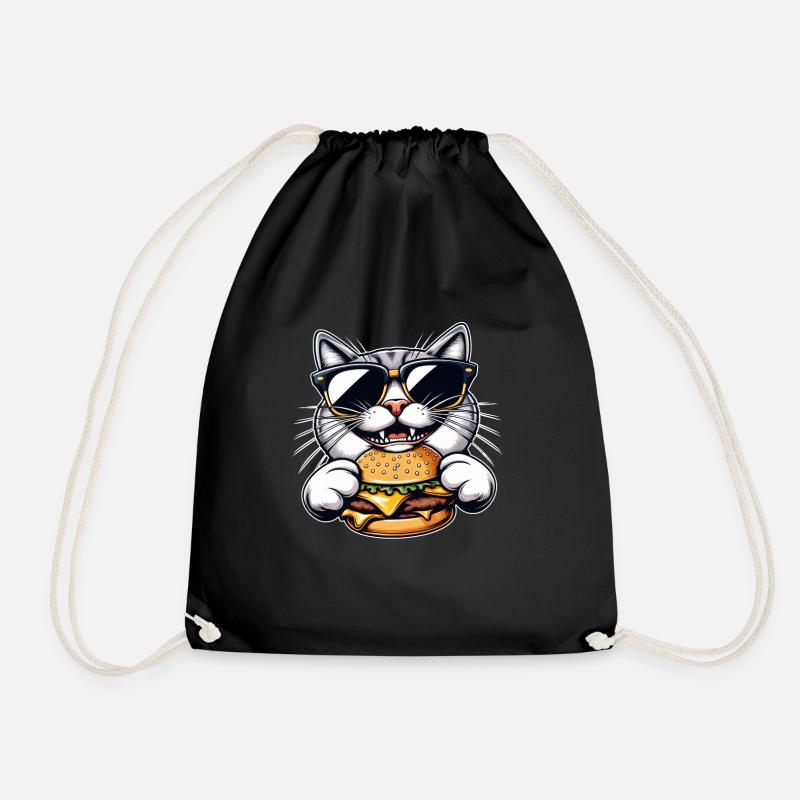 Coole Katze Nerd beim Hamburger Cheeseburger Essen - Turnbeutel - Schwarz