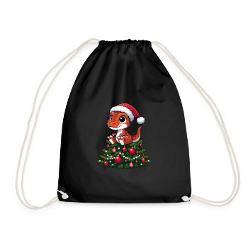 Dino with Christmas Tree Whimsical Cartoon T-Rex - Drawstring Bag - black - Front