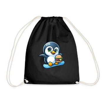 Cooler Pinguin Snowboarder mit Burger - Turnbeutel - Schwarz - Vorne