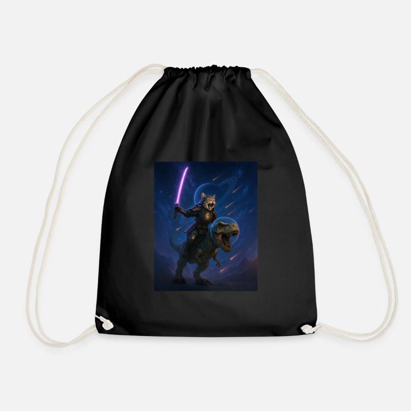Galactic Samurai Cat on T Rex - Drawstring Bag - black