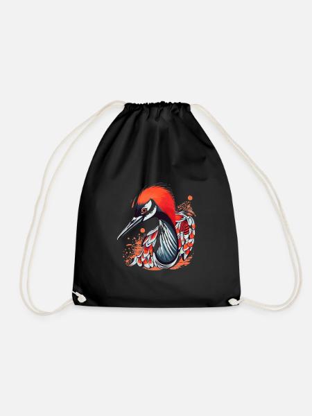 Cute Anime Style Red Crowned Crane Kawaii - Drawstring Bag - black