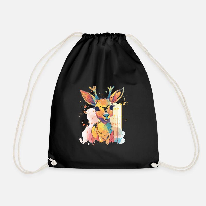 Cute anime style Sika Deer Kawaii - Drawstring Bag - black