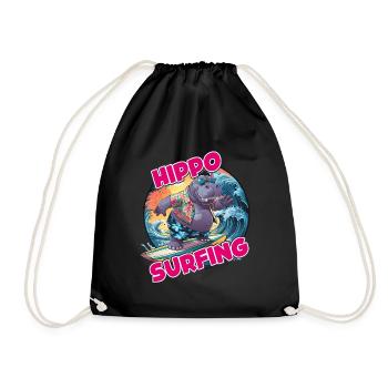 Hippo surfing lustiges cooles stylisches Hippo - Turnbeutel - Schwarz - Vorne