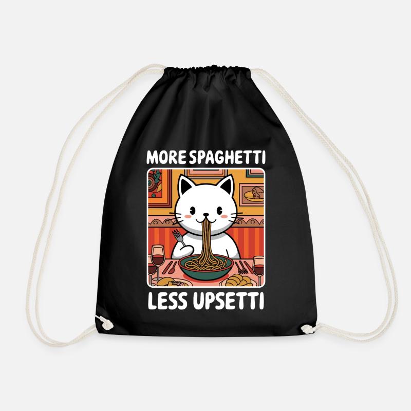 More Spaghetti Less Upsetti Cute Cat Pasta Lover - Drawstring Bag - black