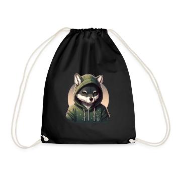 Loup avec sweat à capuche kawaii - Sac de sport léger - noir - Devant