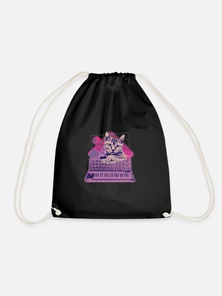 Retro Synthesizer Katze Vaporwave Aesthetic Analog - Turnbeutel - Schwarz