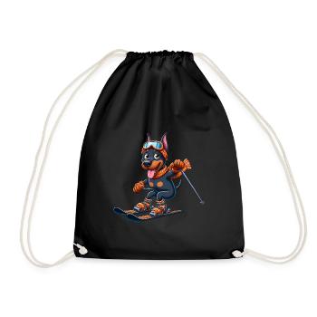 Doberman on skis - winter holiday in comic style - Drawstring Bag - black - Front