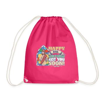 Happy 80th Birthday See You Soon Funny Jesus Meme - Drawstring Bag - fuchsia - Front