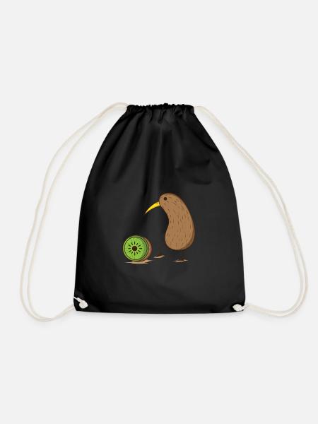 Kiwi bird with a sliced kiwi fruit - Drawstring Bag - black
