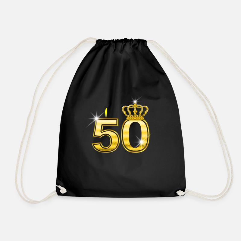 50 - Birthday - Queen - Gold - Flame & Crown - Drawstring Bag - black