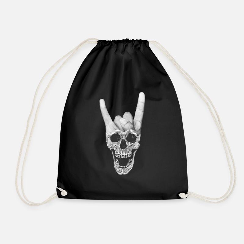 Heavy metal music skull devil horn sign - Drawstring Bag - black