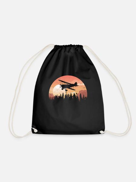 Silhouette gift Sunset airplane forest - Drawstring Bag - black