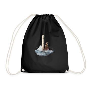 Lighthouse Light House Ocean Rocks and Waves - Drawstring Bag - black - Front