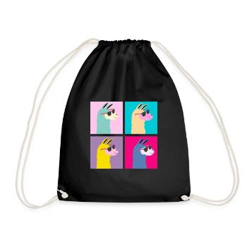 Vier 4 Lama Old School Neon Tiere Geschenk - Turnbeutel - Schwarz - Vorne