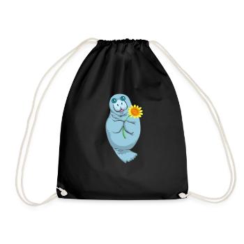 Manatee Holding Sunflower Cute Sea Cow - Drawstring Bag - black - Front