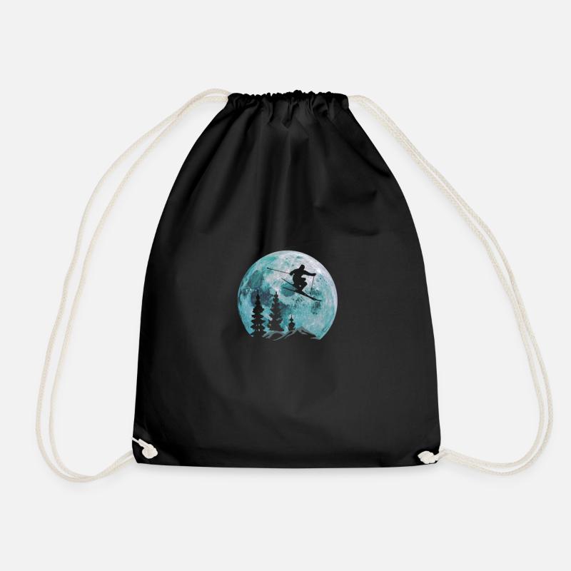 Ski in front of moon skiers Skiing snow - Drawstring Bag - black