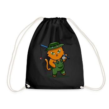 Angler Sportfischer Fischer Katze Geschenk - Turnbeutel - Schwarz - Vorne