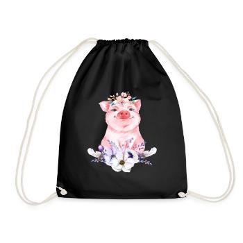 Pig piggy boho flowers gift birth - Drawstring Bag - black - Front