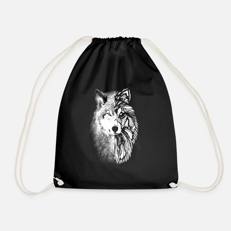 Abstract wolf mandala art yoga symbol - Drawstring Bag - black