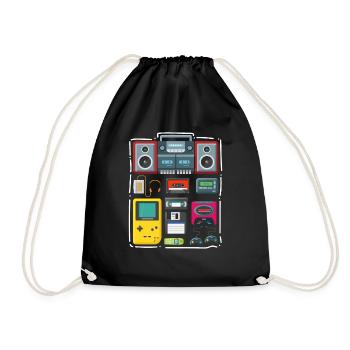 90er Jahre Party Outfit Kostüm Klamotten Kassette - Turnbeutel - Schwarz - Vorne