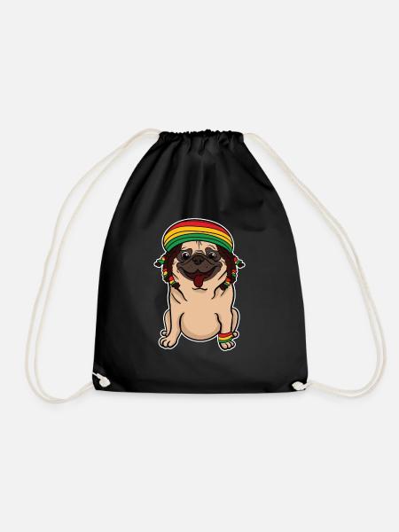 Reggae Rasta Rastafarian Jamaica Pug Dog Gift - Drawstring Bag - black