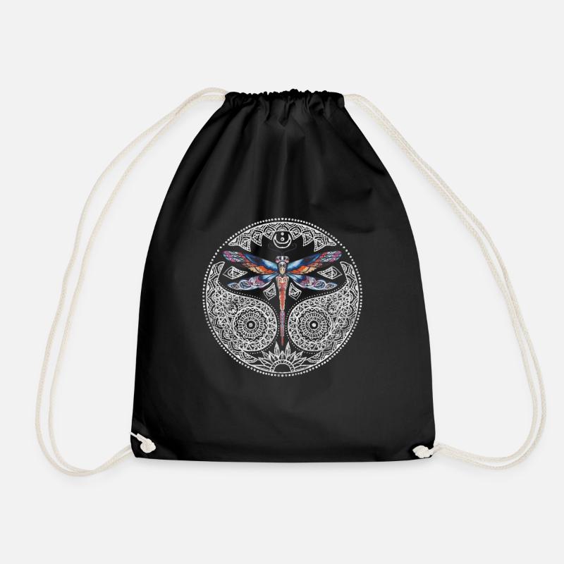 Magical Colorful Dragonfly Mandala - Drawstring Bag - black