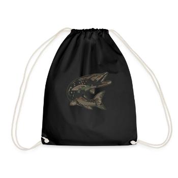 Hecht Petri Heil Angeln Angler Spruch Fischen - Turnbeutel - Schwarz - Vorne