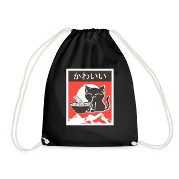 Kawaii Anime Manga Cat Cats Ramen Gift - Drawstring Bag - black - Front