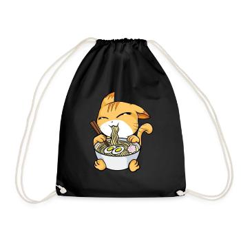 Kawaii Cat Ramen Bowl Funny Anime Noodles Kitty - Drawstring Bag - black - Front