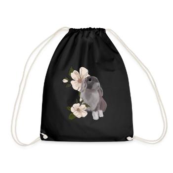 Rabbit and flower - Drawstring Bag - black - Front