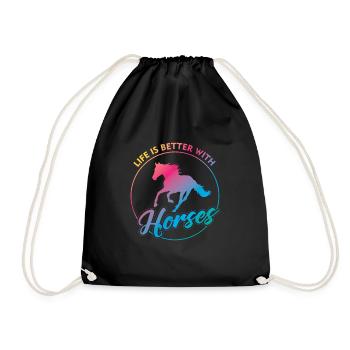 Life Better with Horses | Unicorn Colors | Happiness - Drawstring Bag - black - Front