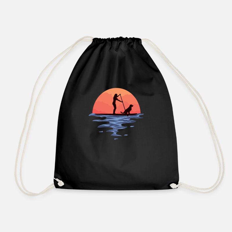 Sunset Stand Up Paddle Dog And Girl - Drawstring Bag - black