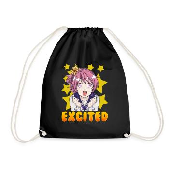 Cute Anime Japanese Girl Manga Excited Face - Drawstring Bag - black - Front