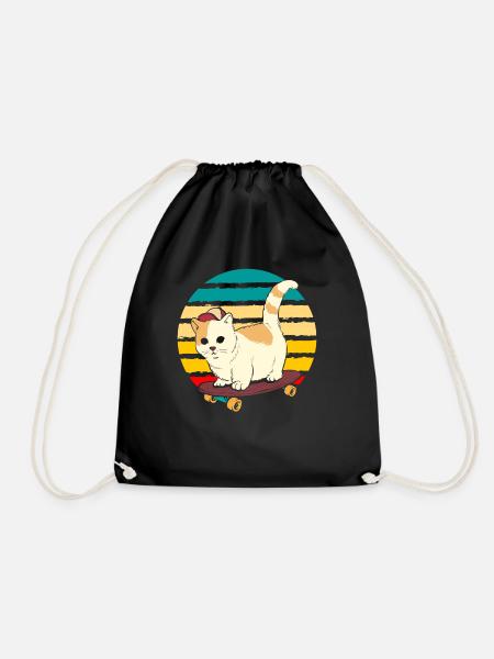 Cute Skateboard Cat Vintage Skating Kitty - Drawstring Bag - black